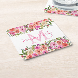 Posavasos Cuadrado De Papel Inicial | Personalizar | Acuarela | Floral