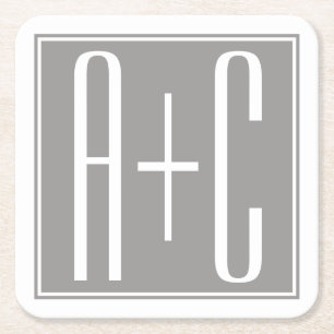 Posavasos Cuadrado De Papel Iniciales de parejas modificables   Blanco y gris