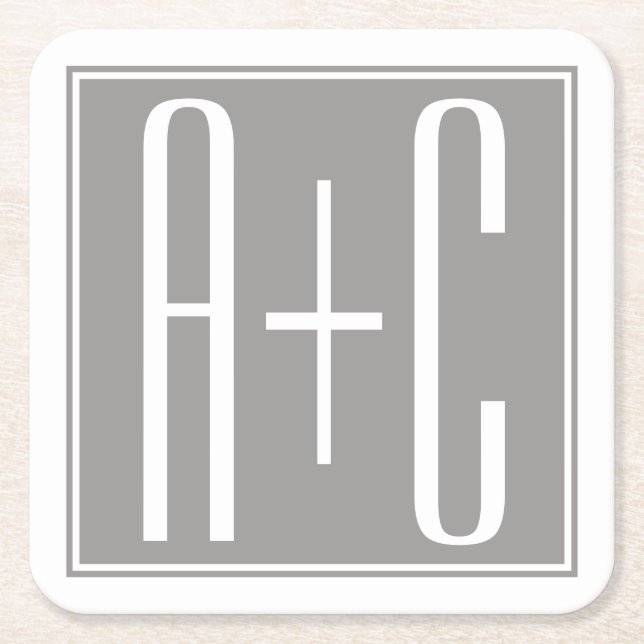 Posavasos Cuadrado De Papel Iniciales de parejas modificables | Blanco y gris (Anverso)