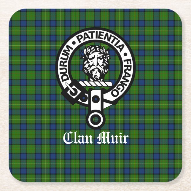 Posavasos Cuadrado De Papel Insignia Escudo de Clan Muir y Tartán (Anverso)