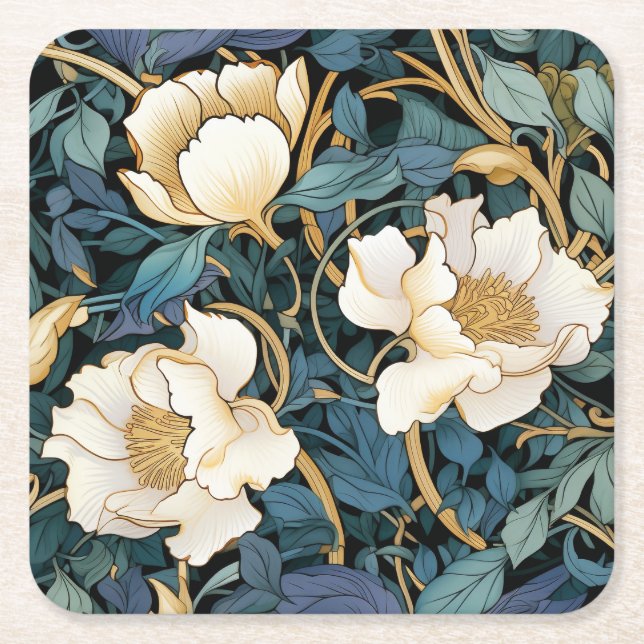 Posavasos Cuadrado De Papel Inspiración de William Morris, grandes flores (Anverso)