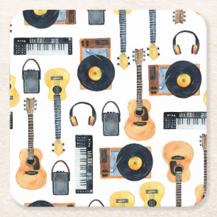 Posavasos Cuadrado De Papel Instrumentos musicales: acuarela sin foco