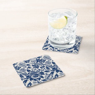 Posavasos Cuadrado De Papel Intrincado patrón floral azul sobre fondo claro