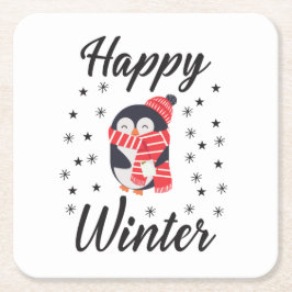 Posavasos Cuadrado De Papel Invierno feliz, pingüino lindo