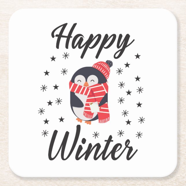 Posavasos Cuadrado De Papel Invierno feliz, pingüino lindo (Anverso)