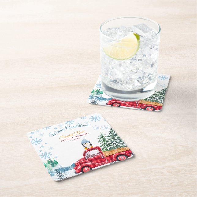 Posavasos Cuadrado De Papel invierno onederland 1er cumpleaños invitaciones (In situ)