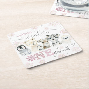 Posavasos Cuadrado De Papel Invierno Onederland Animales Árticos Nieve Cumplea