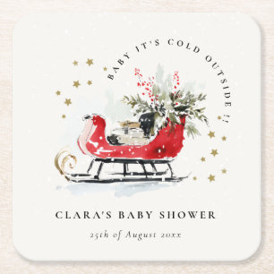 Posavasos Cuadrado De Papel Invierno Trineo Está Frío Afuera Neutral Baby Show