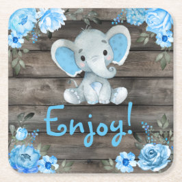 Posavasos Cuadrado De Papel Invitación a Baby Shower para Elefantes Azules, mu