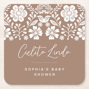 Posavasos Cuadrado De Papel Invitación a Cielito Lindo Baby Shower Terracotta