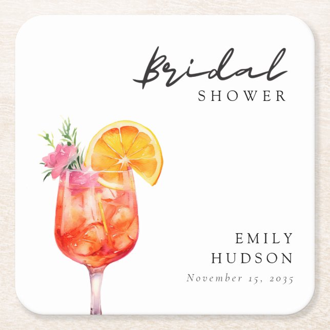 Posavasos Cuadrado De Papel Invitación a ducha de novia floral Aperol Spritz (Anverso)
