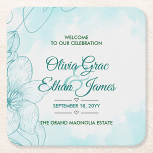 Posavasos Cuadrado De Papel Invitación de boda floral elegante en acuarela azu