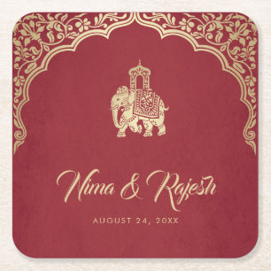 Posavasos Cuadrado De Papel Invitación de boda india, rojo, dorado, Ganesha