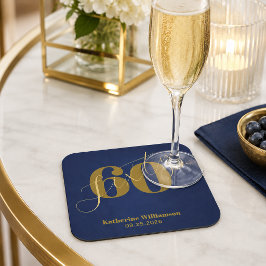 Posavasos Cuadrado De Papel Invitación elegante de cumpleaños número 60 azul y