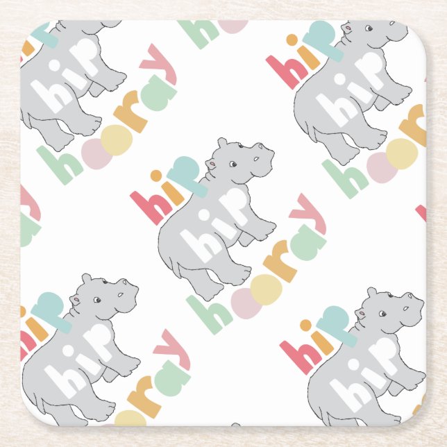 Posavasos Cuadrado De Papel ip Hip Hooray Gray Hippo Dibujar arte animal puro (Anverso)