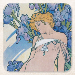 Posavasos Cuadrado De Papel Iris (Cuatro Flores), Alphonse Mucha