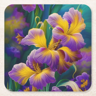 Posavasos Cuadrado De Papel Iris Floral Púrpura y hojas verdes azules de oro