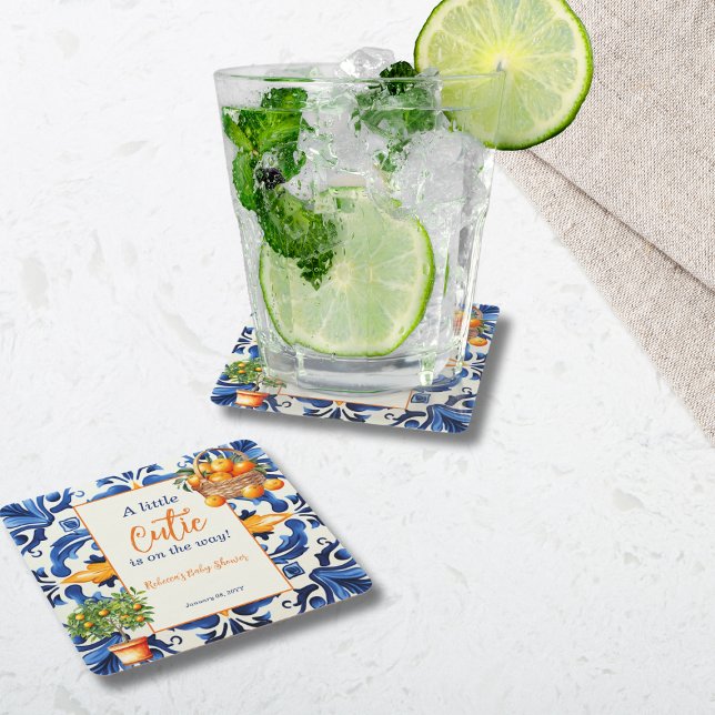 Posavasos Cuadrado De Papel Italiano Blue Tile Cutie Naranja Citrus Baby Showe (Subido por el creador)