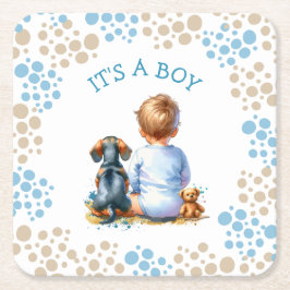 Posavasos Cuadrado De Papel It's a Boy | Baby and Dachshund Puppy Baby Shower