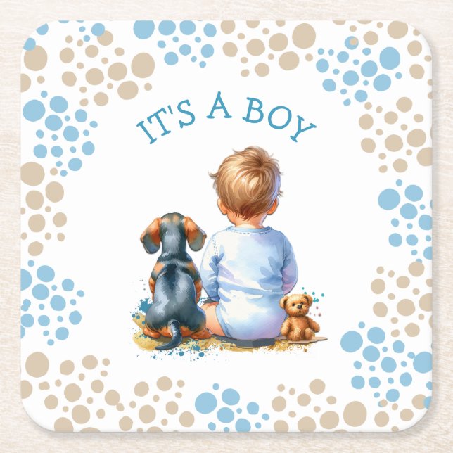 Posavasos Cuadrado De Papel It's a Boy | Baby and Dachshund Puppy Baby Shower (Anverso)