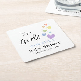 Posavasos Cuadrado De Papel It's a Girl! Baby Shower de Corazones Lindos y Col
