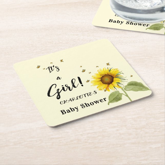 Posavasos Cuadrado De Papel It's a Girl! Sunflower acuarela con mariposas (En perspectiva)