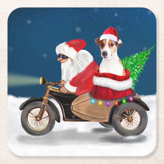 Posavasos Cuadrado De Papel Jack Russell Dog Navidades Santa Claus (Anverso)