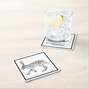 Posavasos Cuadrado De Papel Jackrabbit del suroeste negro y blanco