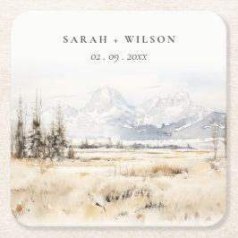 Posavasos Cuadrado De Papel Jackson Hole Wyoming Watercolor Landscape Wedding