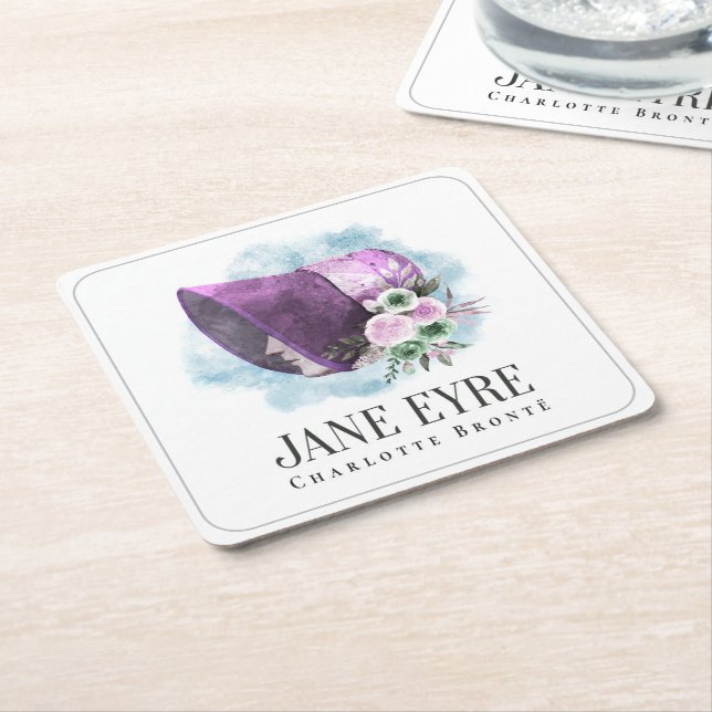 Posavasos Cuadrado De Papel Jane Eyre Bonnet Purple Bonnet y Flores (En perspectiva)