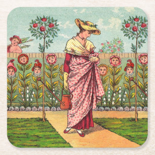 Posavasos Cuadrado De Papel Jardín Crecer Flor Mujer Arte Antiguo