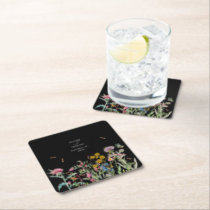Posavasos Cuadrado De Papel Jardín de Bodas de Flores Silvestres Acuarela Negr