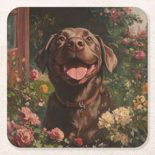 Posavasos Cuadrado De Papel Jardín de cabaña de perro recuperador de chocolate
