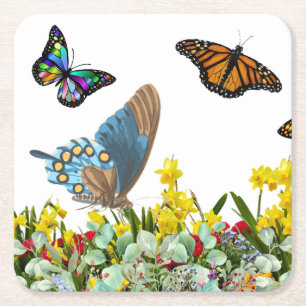 Posavasos Cuadrado De Papel Jardín de flores de mariposa con tulipanes y marga