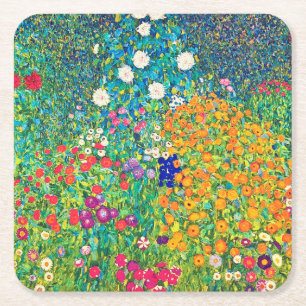 Posavasos Cuadrado De Papel Jardín de flores, Gustav Klimt
