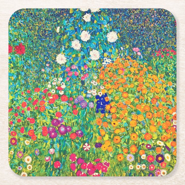 Posavasos Cuadrado De Papel Jardín de flores, Gustav Klimt (Anverso)