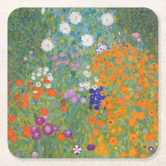 Posavasos Cuadrado De Papel Jardín de flores por Gustav Klimt