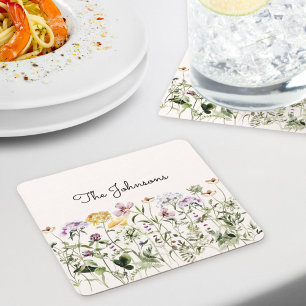 Posavasos Cuadrado De Papel Jardín de flores silvestres con nombre personaliza