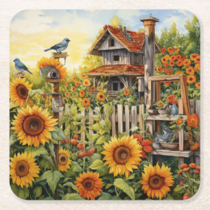 Posavasos Cuadrado De Papel Jardín de Girasoles 9 Casas de Pájaros Pájaros Azu