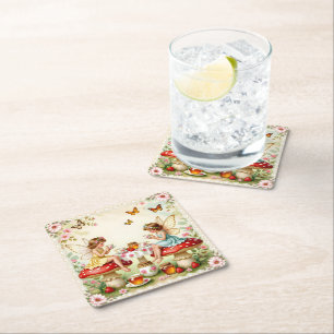 Posavasos Cuadrado De Papel Jardín de picnic de hadas florales vintage