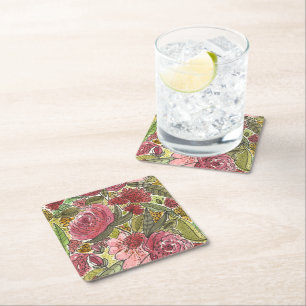 Posavasos Cuadrado De Papel Jardín de primavera floral de color de agua rosa b