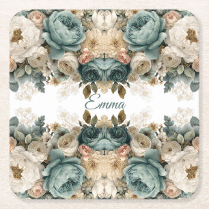 Posavasos Cuadrado De Papel Jardín de Rosas de Primavera Vintage Personalizado
