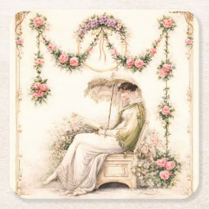 Posavasos Cuadrado De Papel Jardín de Rosas Regencia Leyendo Dama