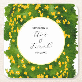 Posavasos Cuadrado De Papel Jardín floral amarillo acuarela boda blanca