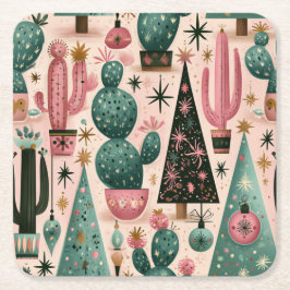 Posavasos Cuadrado De Papel Jardín Retro de Cactus de Navidad del Suroeste
