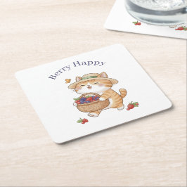 Posavasos Cuadrado De Papel Jardinera de gato Kawaii, posavasos de bayas de ve