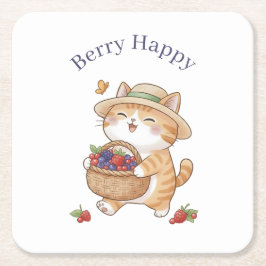 Posavasos Cuadrado De Papel Jardinera de gato Kawaii, posavasos de bayas de ve
