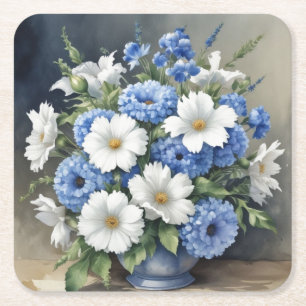 Posavasos Cuadrado De Papel Jarrón de flores elegante acuarela
