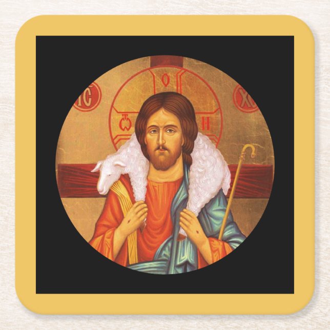 Posavasos Cuadrado De Papel Jesús cargando un cordero perdido (Anverso)