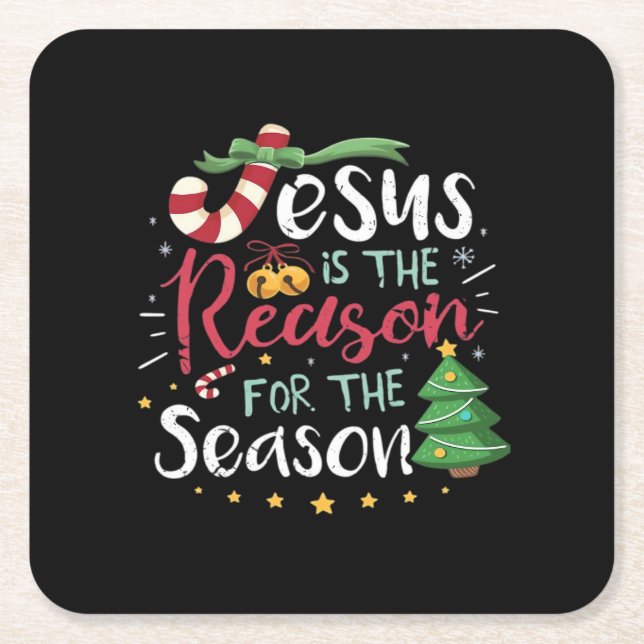 Posavasos Cuadrado De Papel Jesus Is For Season Cane Christmas - Tis The Seaso (Anverso)